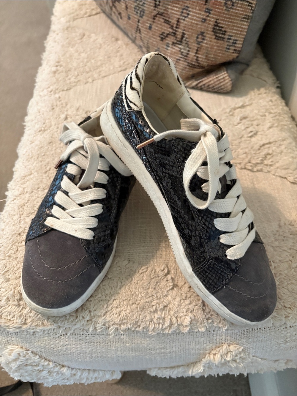Dolce Vita Black Snake-Embossed Low-Top Sneakers with White Laces